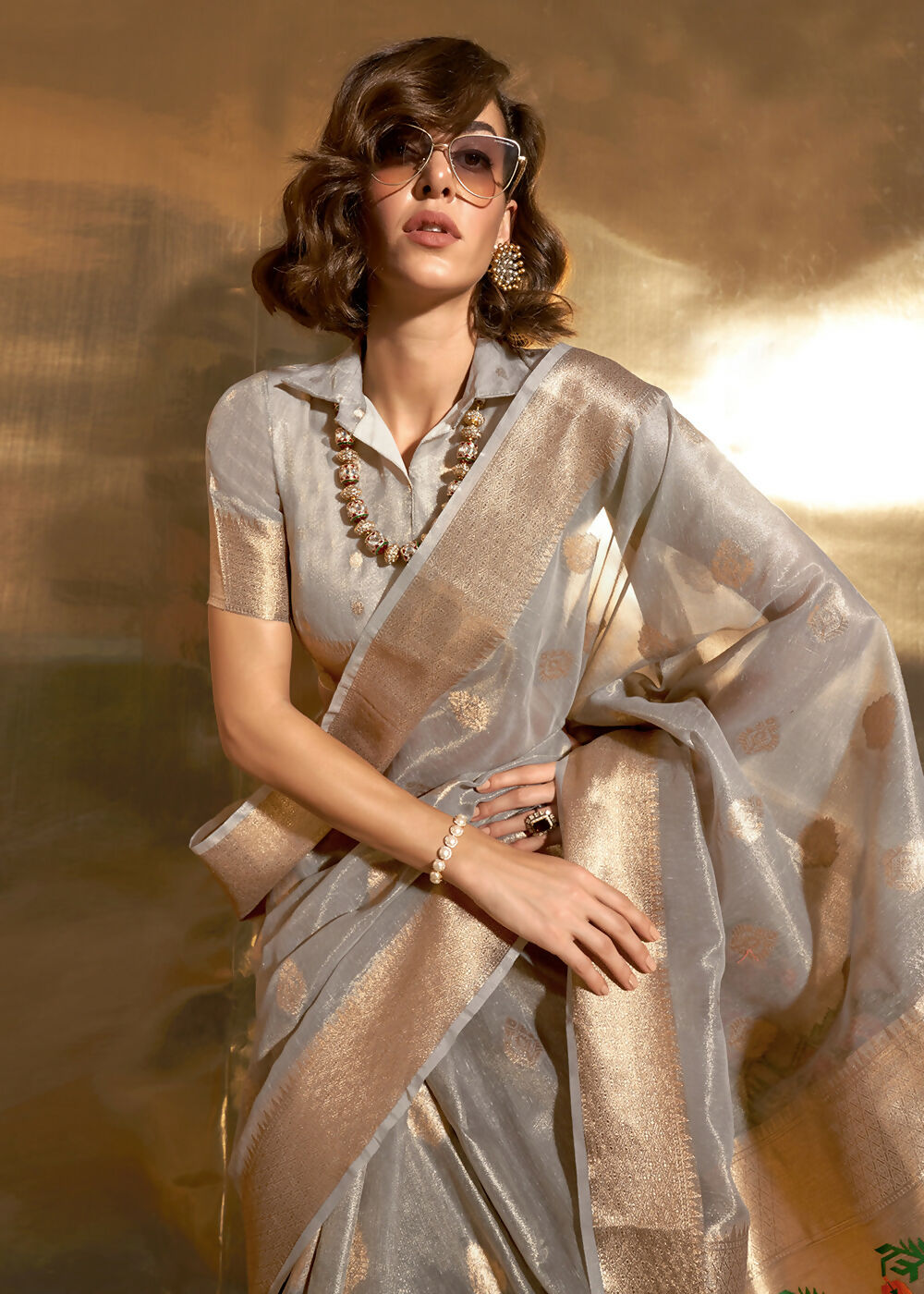 Grey Handwoven Tissue Fabric Festive & Party Style Saree - Emponline | Swadesiicart