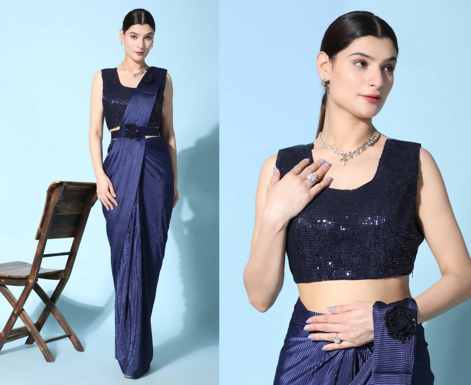 Blue Imported Crush Lycra Texture Pattern Ready to Wear Saree with stitched Blouse - Nirvana | Swadesiicart