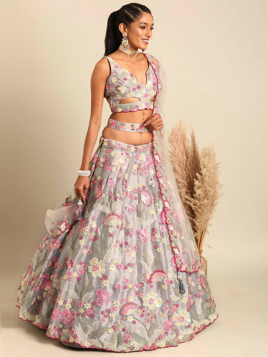 House of Panchhi Grey Organza Sequins and Zarkan embroidery Lehenga choli & Dupatta | Swadesiicart