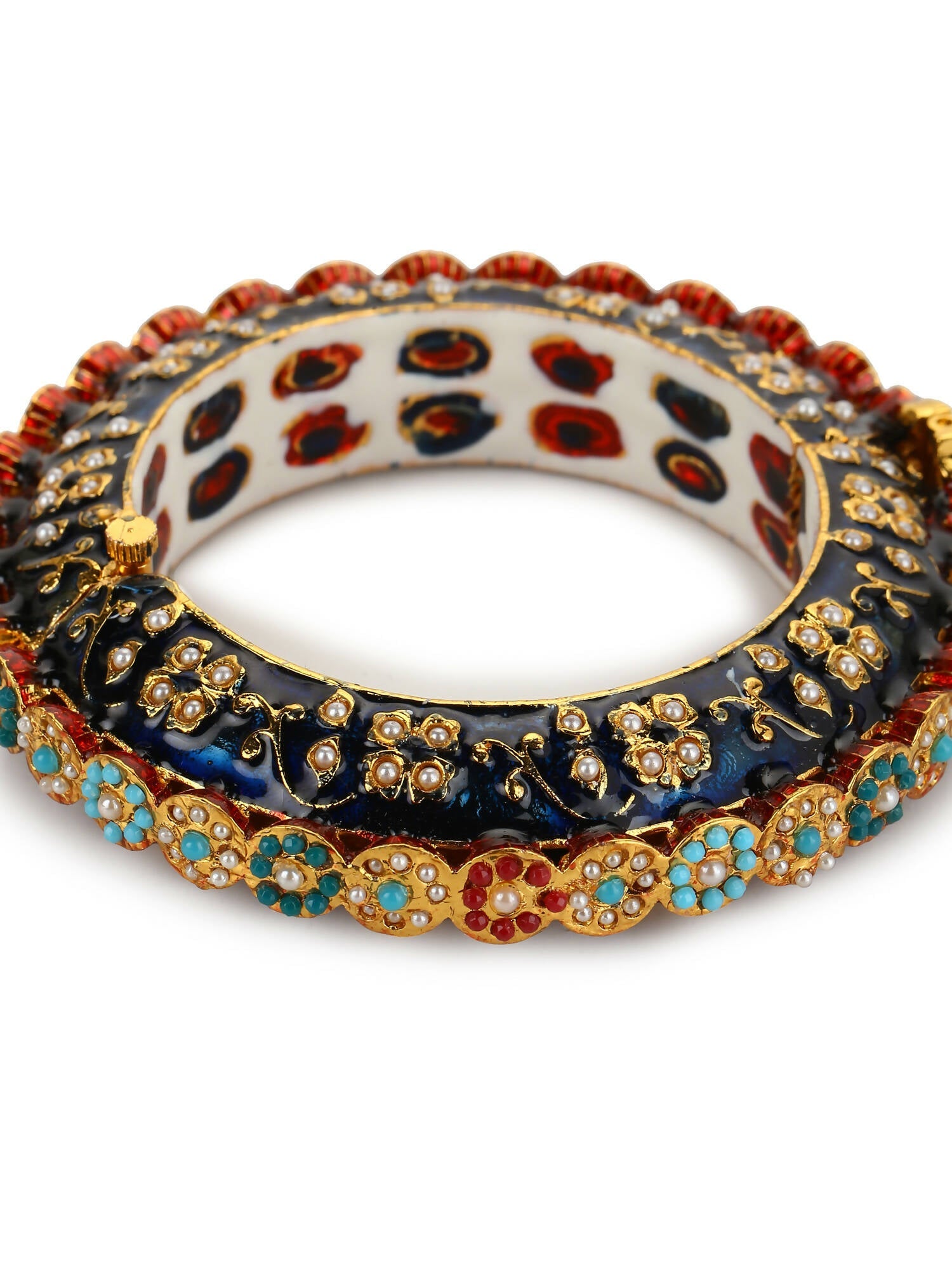 Gold-Polished Blue White Kundan Studded Pearls Beaded Bangle - Ruby Raang - Swadesiicart
