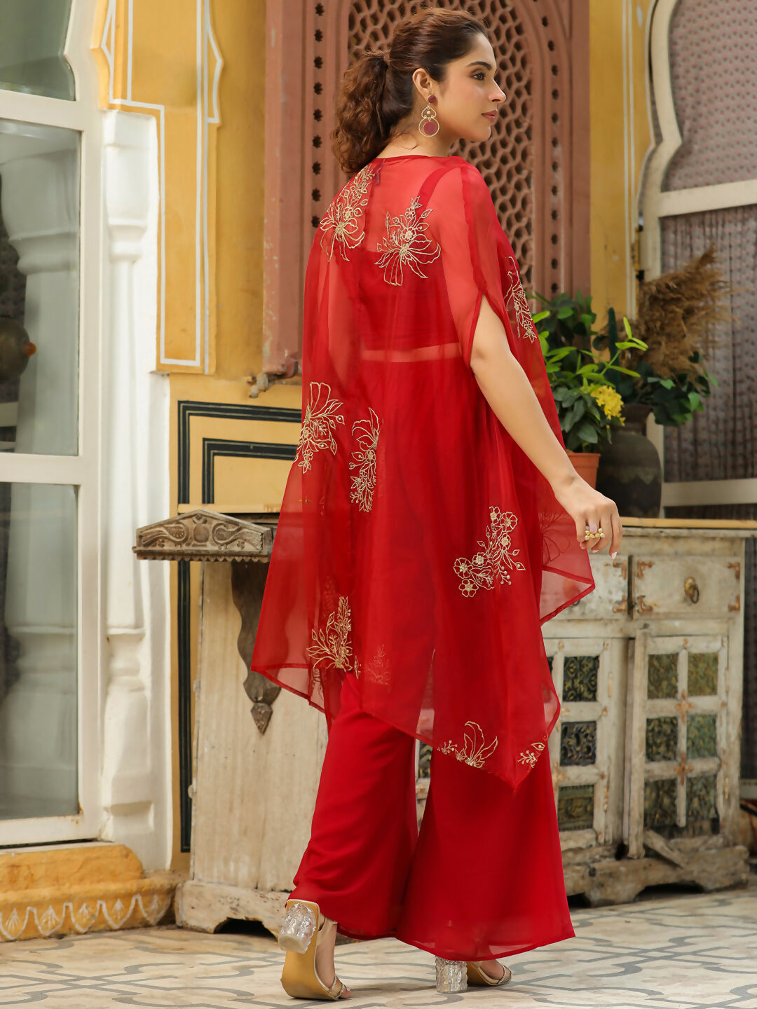 Janasya Maroon Georgette Solid Top Bottom Cape | Swadesiicart