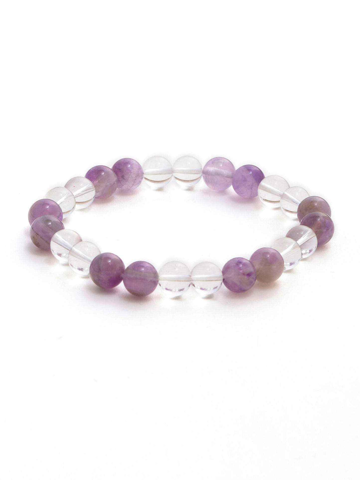 Clear Quartz and Amethyst White and Grey Beads Elastic Bracelet - Ruby Raang | Swadesiicart