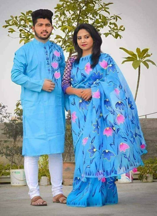 Exclusive Collection Elegant Hand Printing Designe On Pure Cotton Saree And Men's Kurta - Sky Blue | Swadesiicart