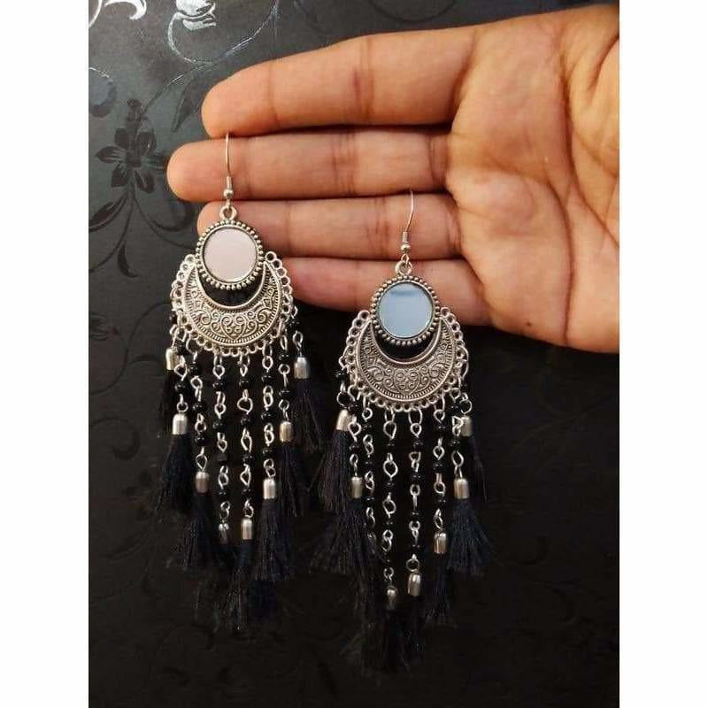 MS Fashion India Oxidized Silver Half Moon Style Earrings With Silk Threads | Swadesiicart