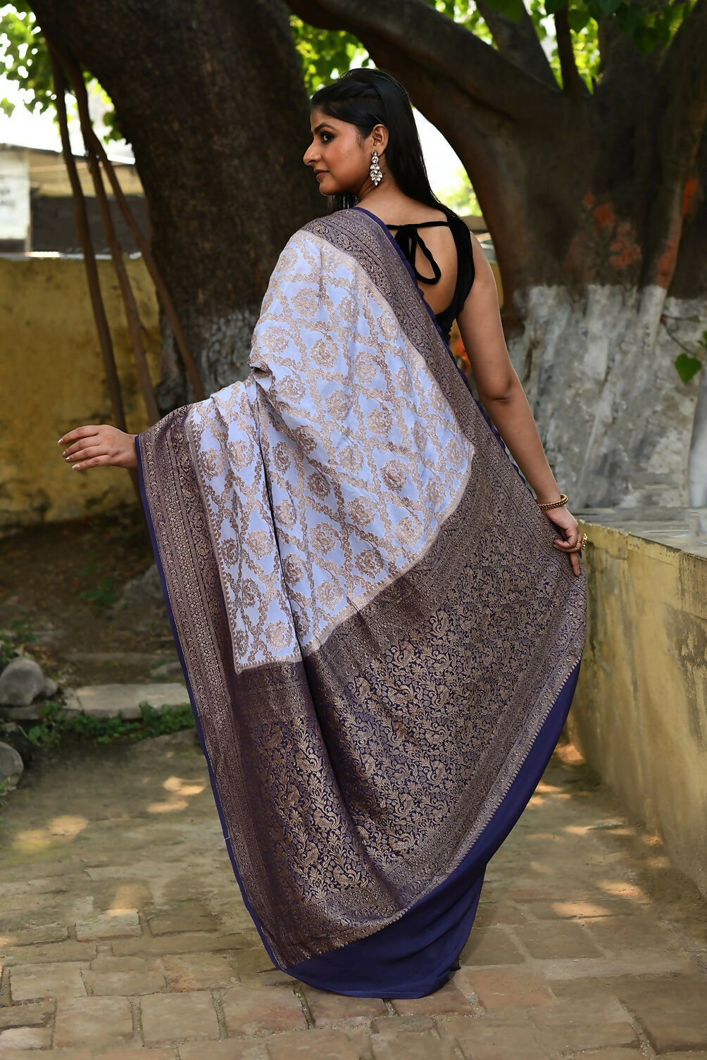 Joban Fashion Pastel Blue Crepe Chiffon Pure Handloom Banarasi Silk Saree | Swadesiicart