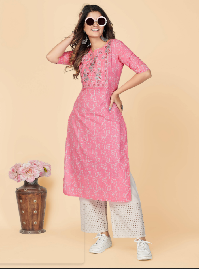 NOZ2TOZ Women's Printed & Embroidered Straight Cotton Pink Stitched Kurta (1Pc) - Swadesiicart