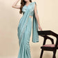 Sky Blue Silk Satin Solid Ready to wear Saree with stitched Blouse - Satiksha | Swadesiicart