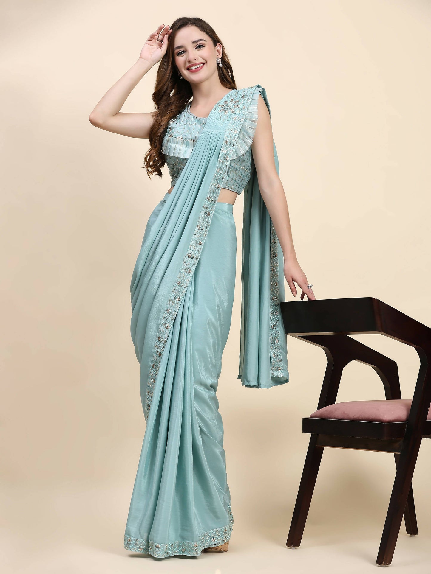 Sky Blue Silk Satin Solid Ready to wear Saree with stitched Blouse - Satiksha | Swadesiicart