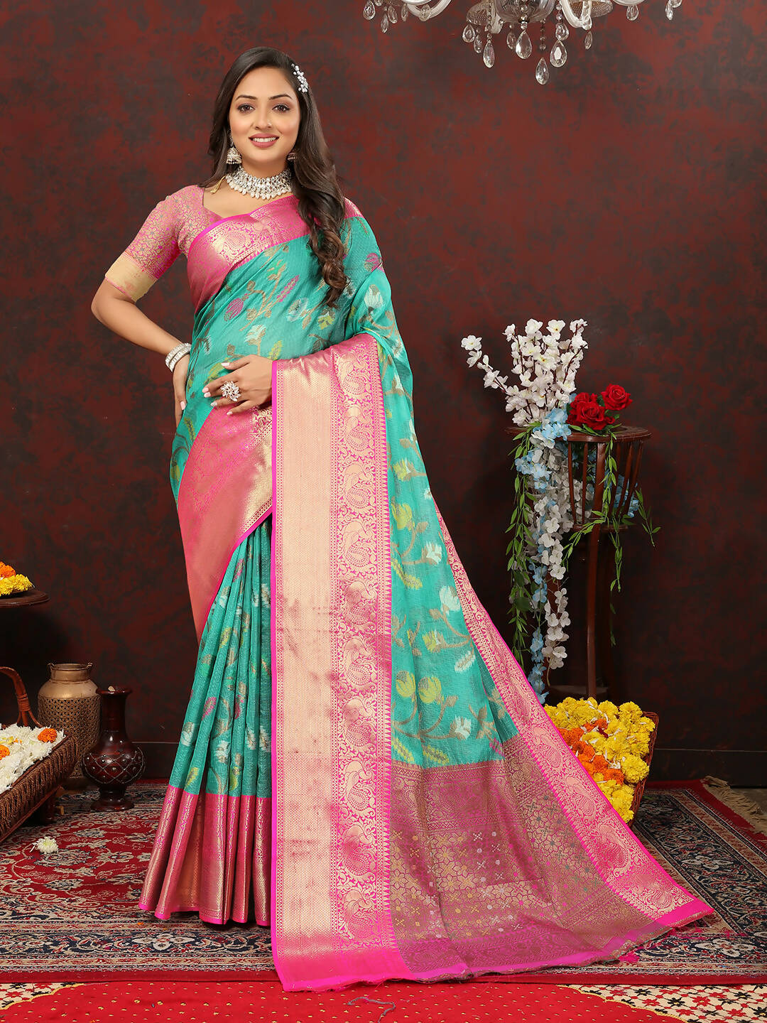Lorenvalley Fashion Teal Cotton Woven Design Zari Meenakari Weaving Saree - Swadesiicart