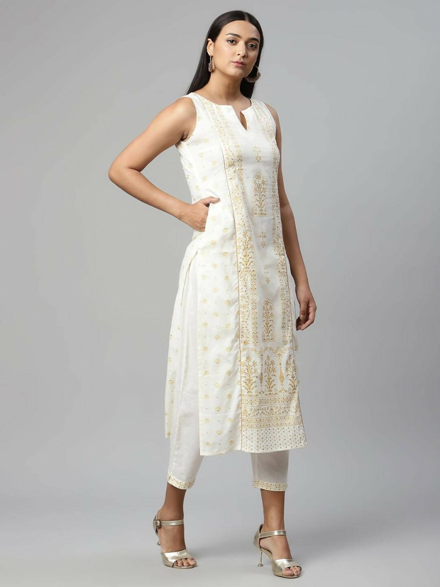 Ahalyaa Womens Off White Pure Cotton Printed Kurta Pant Set | Swadesiicart
