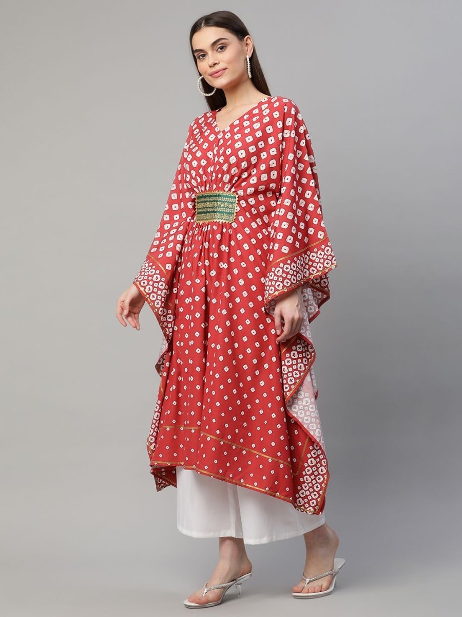 Ahalyaa Women Maroon Crepe Digital Printed Flared Sleeve Kaftan Kurta | Swadesiicart