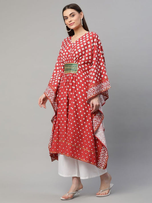 Ahalyaa Women Maroon Crepe Digital Printed Flared Sleeve Kaftan Kurta | Swadesiicart