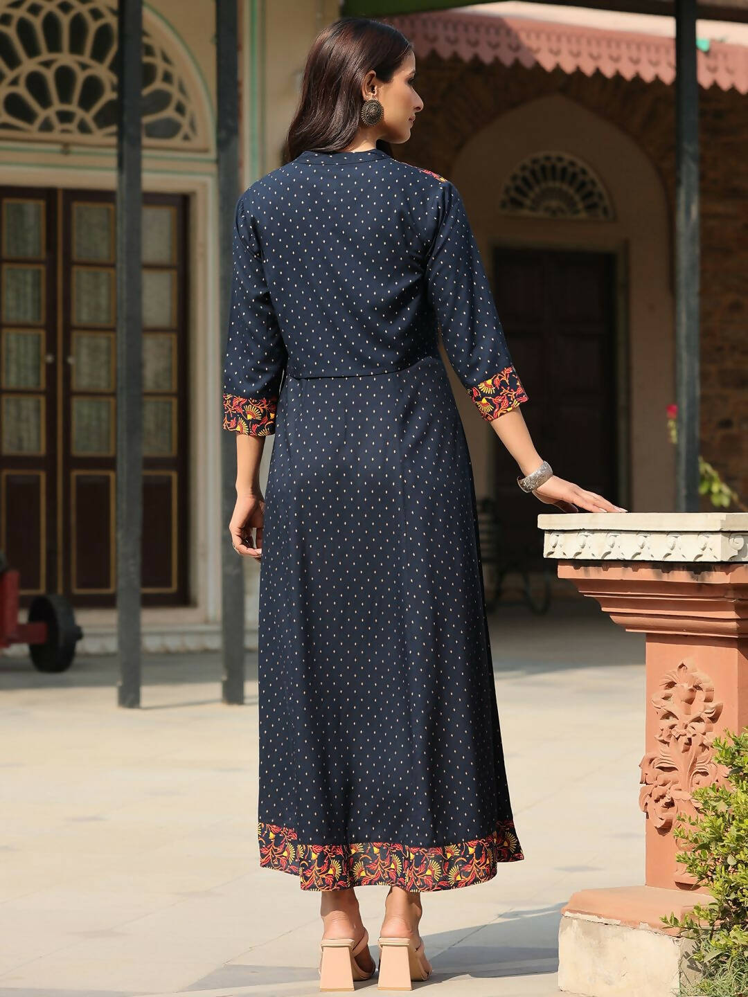 Juniper Women's Blue Rayon Festive Printed Flared Dress | Swadesiicart