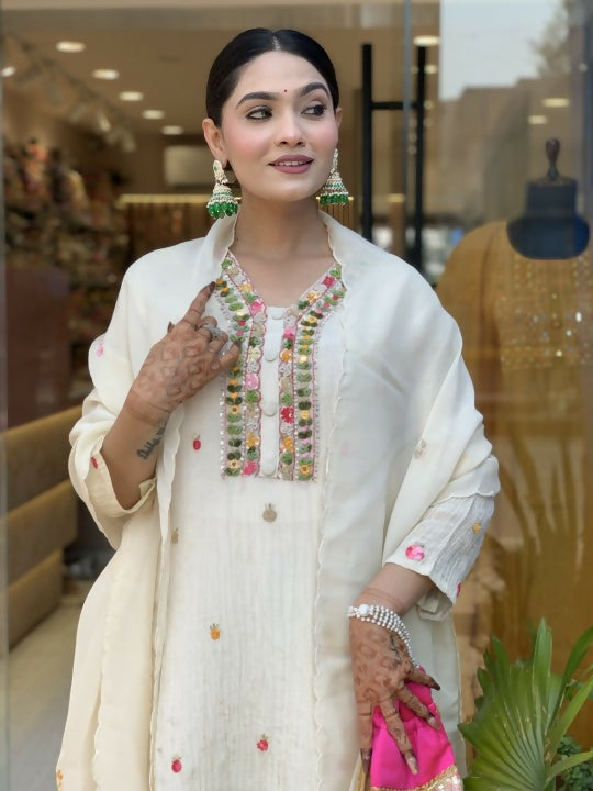The52 Off White Women's Gorgeous Chinon Fabric Embroidered Work Straight Kurta Pant and Dupatta Set - Swadesiicart