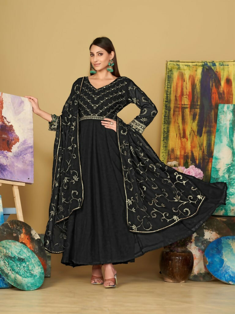 Jyoti Fashion Women's Black Georgette Embroidered Anarkali Kurta Pant Set With Dupatta | Swadesiicart