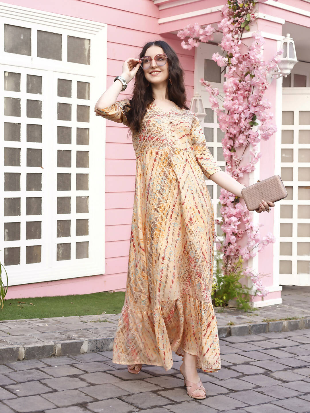 Peach Rayon Foil Printed Long Dress - Michan | Swadesiicart