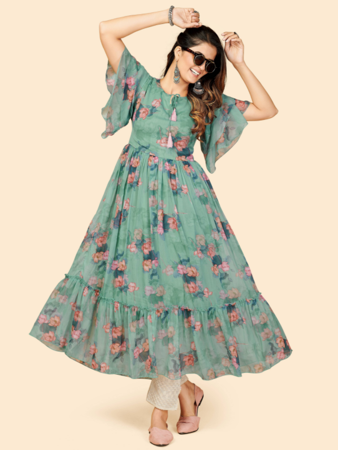 NOZ2TOZ Women's Printed Anarkali Georgette Aqua Green Stitched Kurta (1Pc) - Swadesiicart