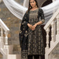 Black Cotton Cambric Printed with Sequins work Anarkali Kurta with Pant & Dupatta - Akashara