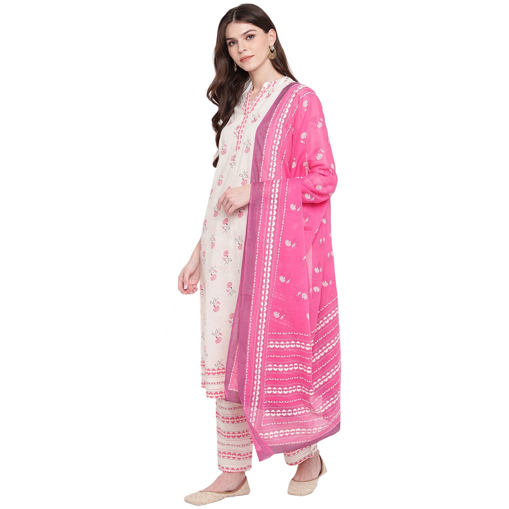 NOZ2TOZ Women White cotton kurta With palazzo & Dupatta (3 Pc Set) - Swadesiicart