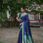 Vishnu Weaves Women's Navy-Blue Soft Silk Zari Woven Saree with Blouse - Swadesiicart