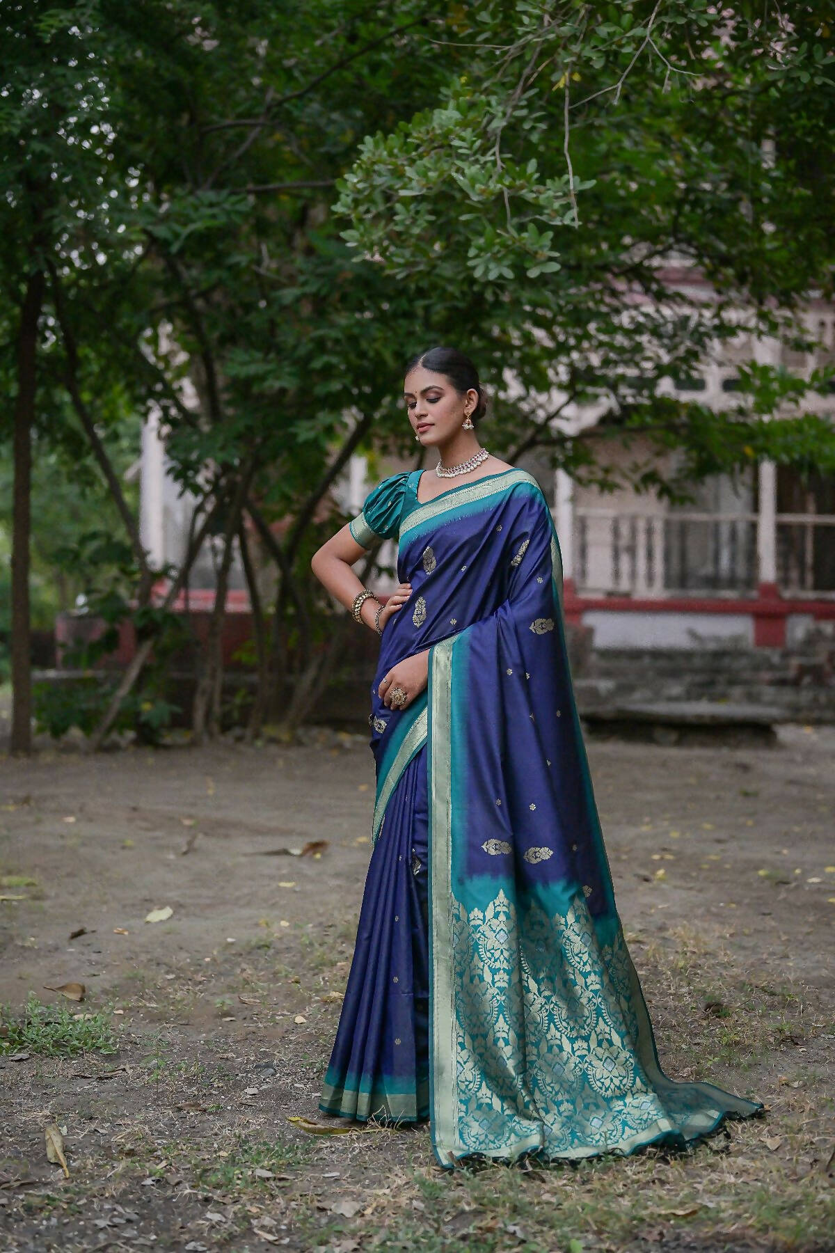 Vishnu Weaves Women's Navy-Blue Soft Silk Zari Woven Saree with Blouse - Swadesiicart