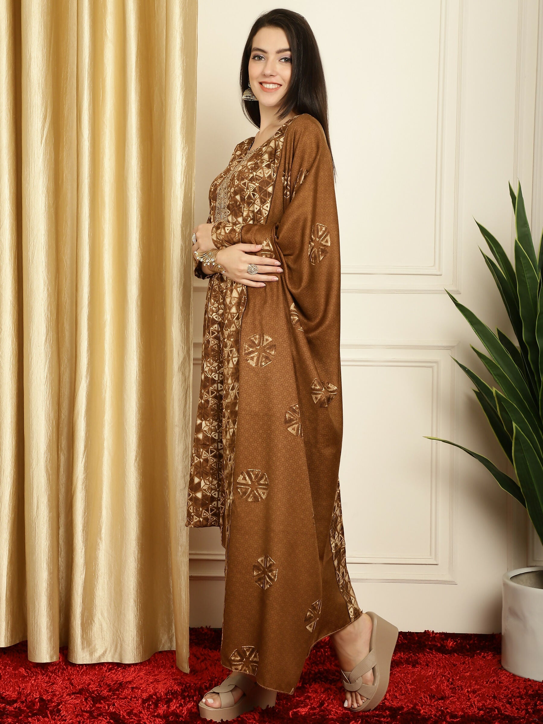Jyoti Fashion Women's Brown Pashmina Floral Digital Printed Kurta with Trouser & Dupatta | Swadesiicart