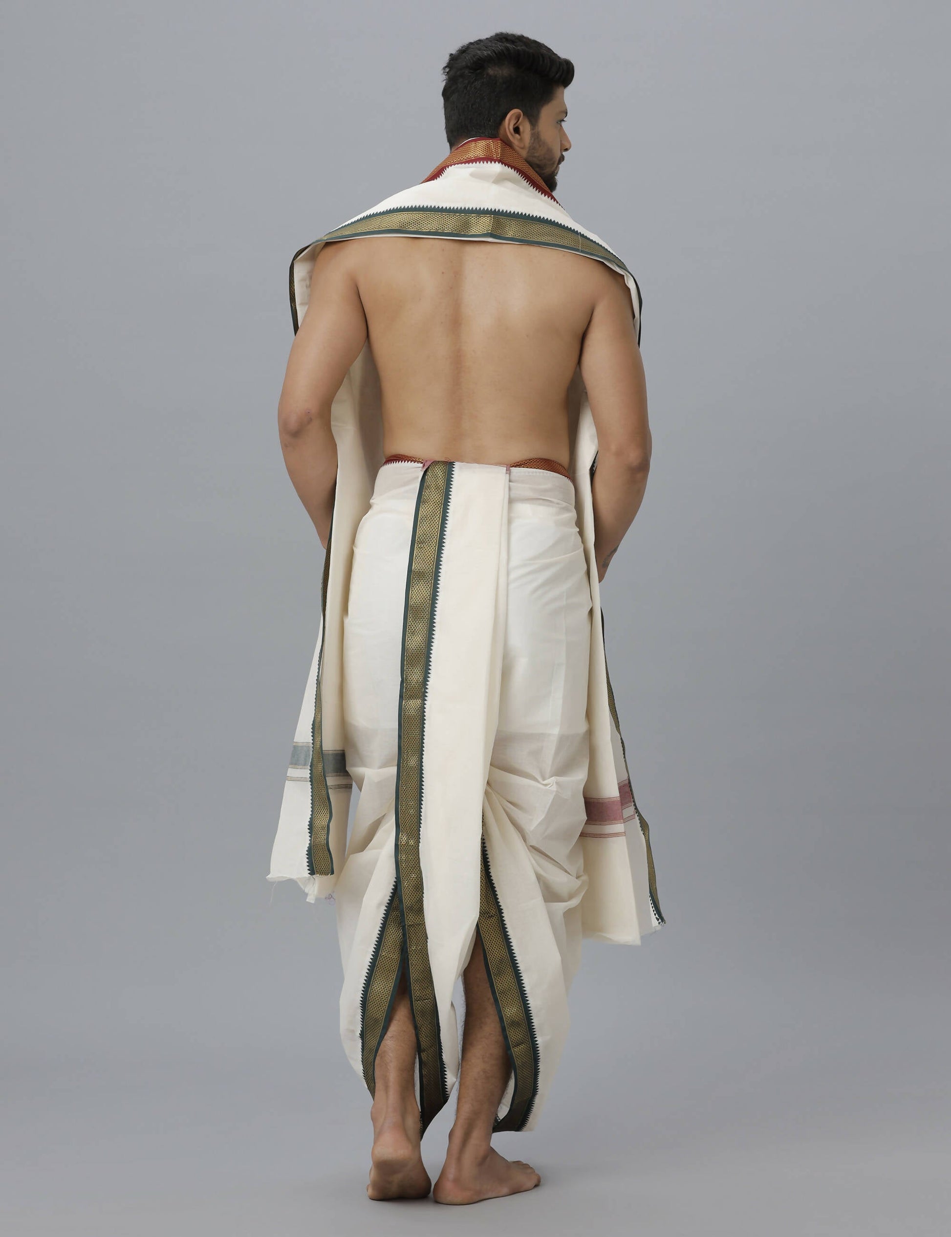 Indian Clothing Ramraj Cotton Mens Pure Cotton 5 Khan Jari 9 + 5 Kora Panchakacham Dhoti With Angavastram Set | Swadesiicart
