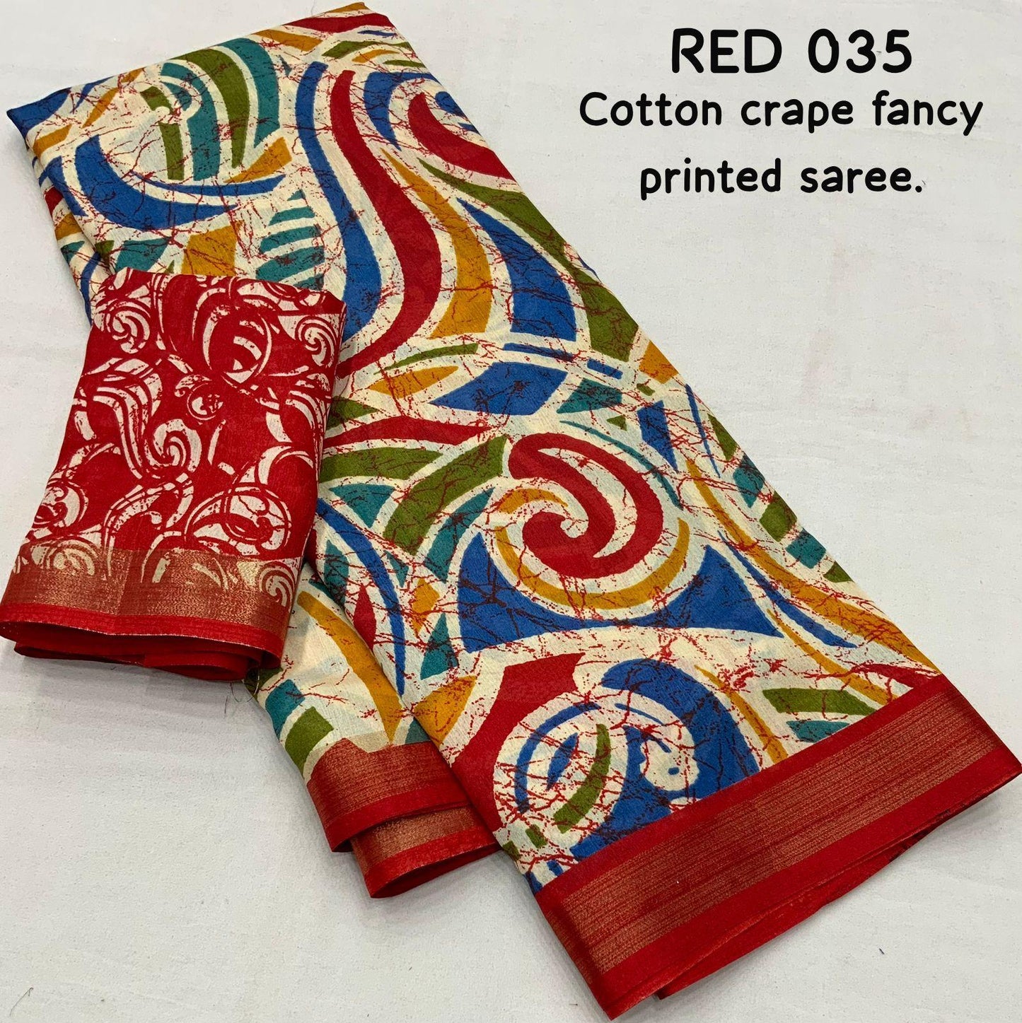 Red Cotton Crepe Batik Print Saree with Unstitched Blouse - Hiral Fashion | Swadesiicart