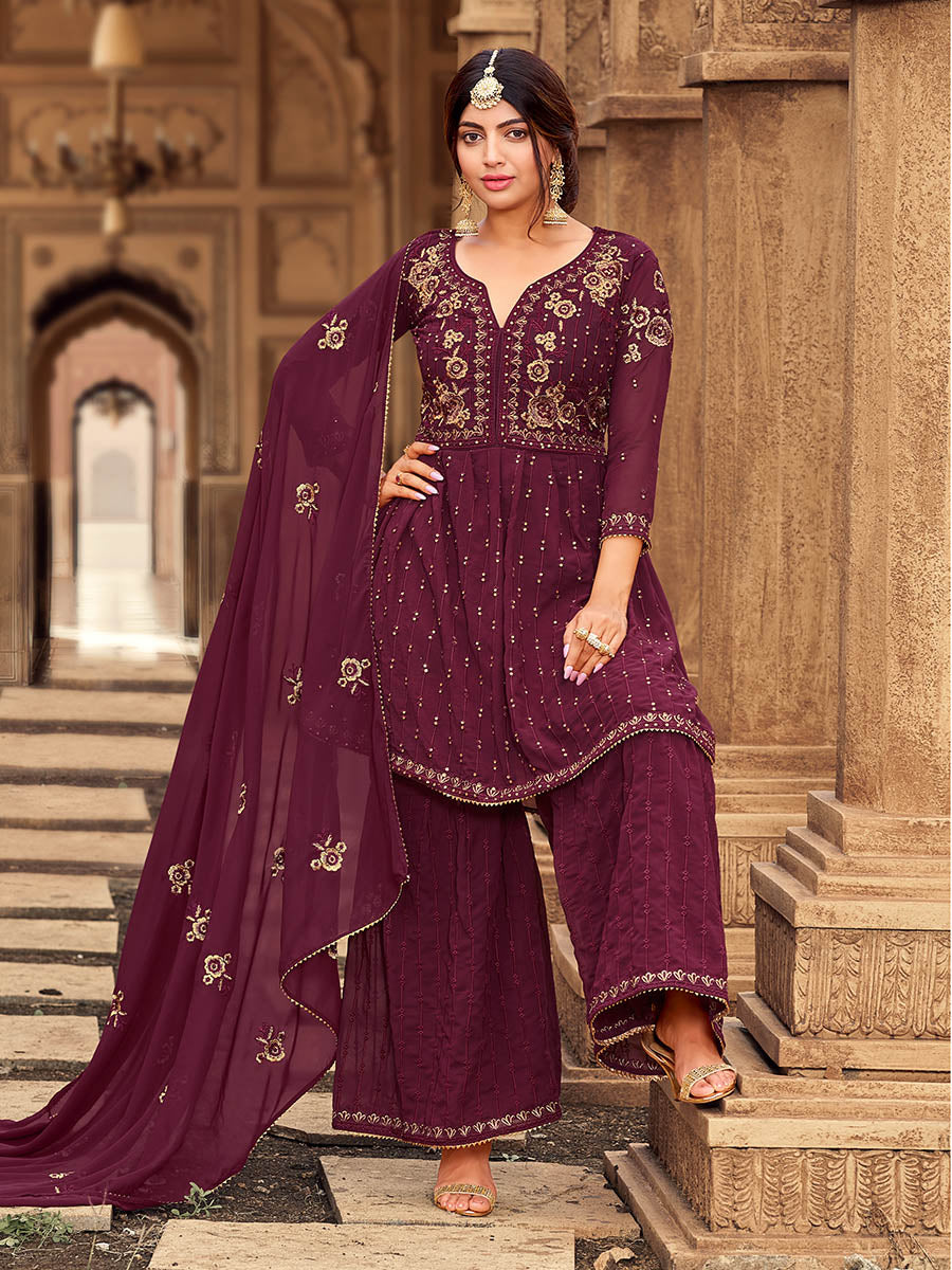 Myra Maroon heavy Georgette Koti Style Embroidered Sharara Suit | Swadesiicart