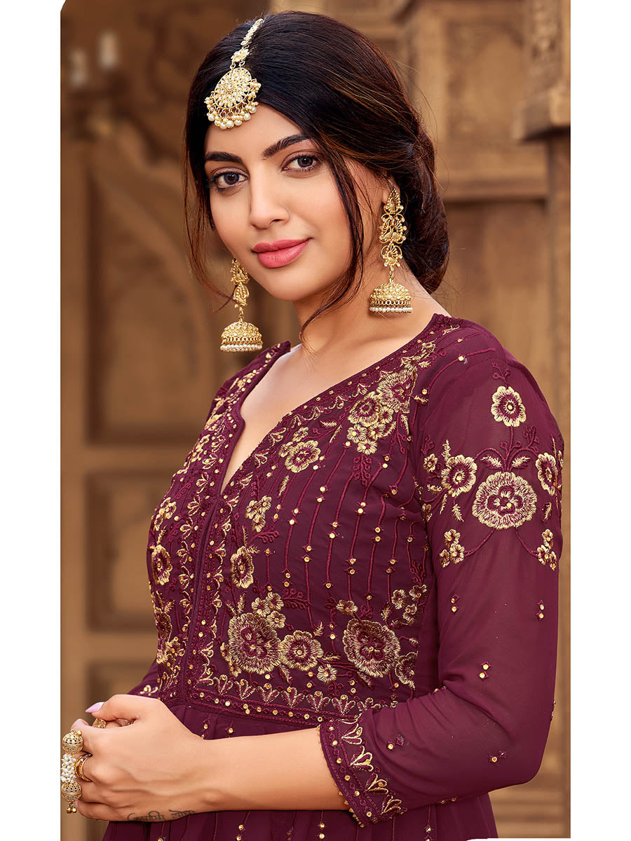 Myra Maroon heavy Georgette Koti Style Embroidered Sharara Suit | Swadesiicart
