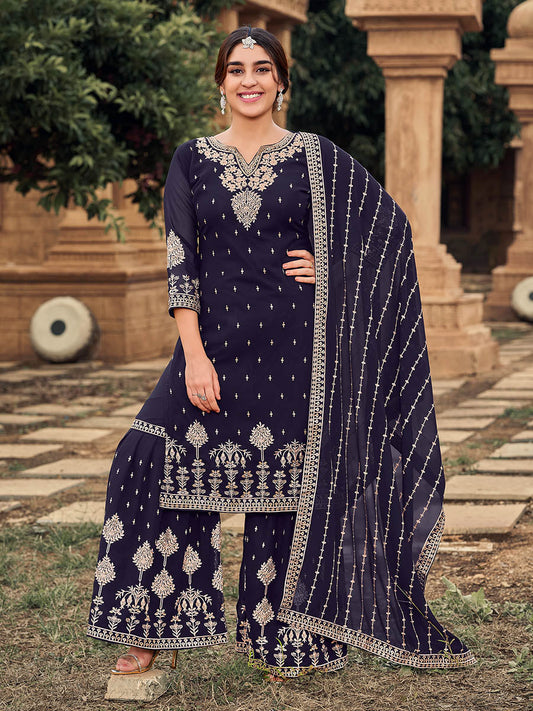 Myra Navy Blue heavy Georgette Koti Style Embroidered Sharara Suit | Swadesiicart