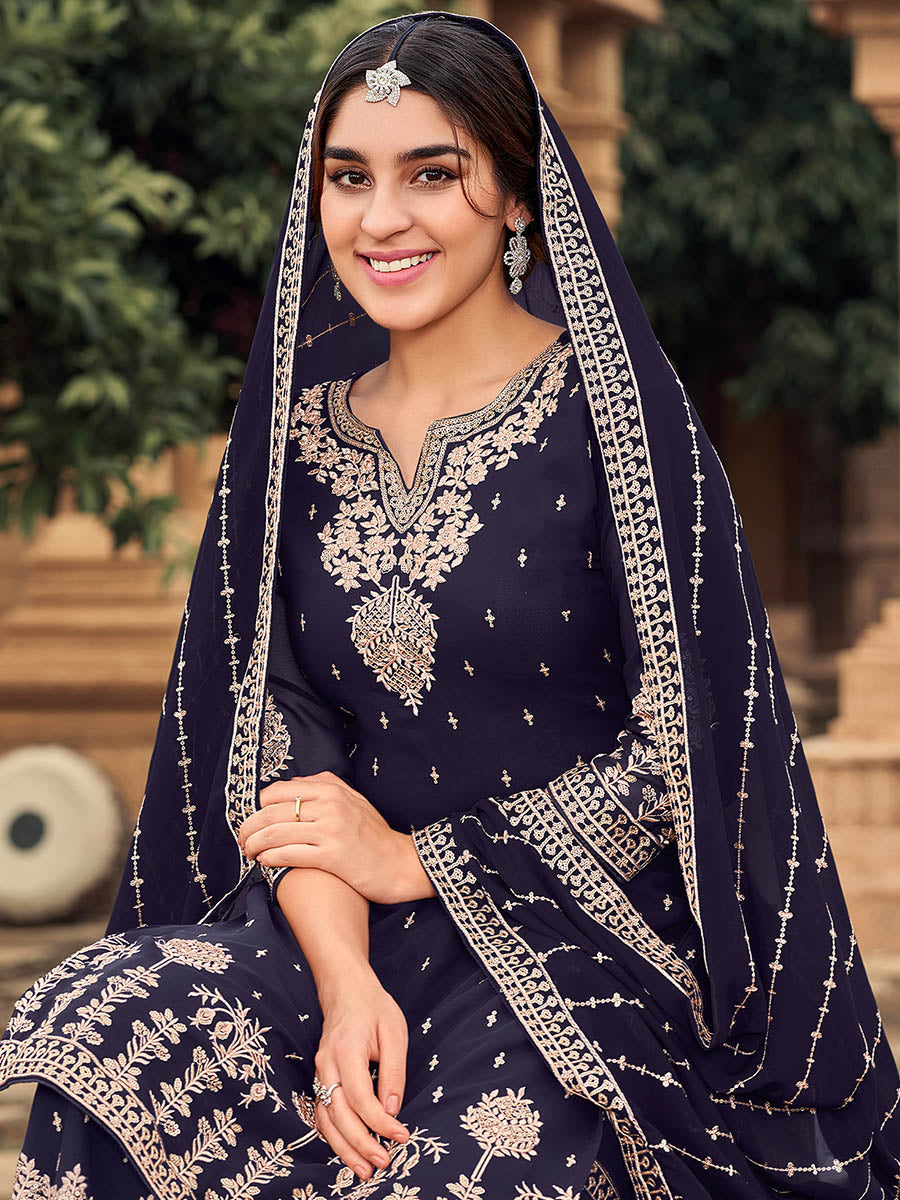 Myra Navy Blue heavy Georgette Koti Style Embroidered Sharara Suit | Swadesiicart