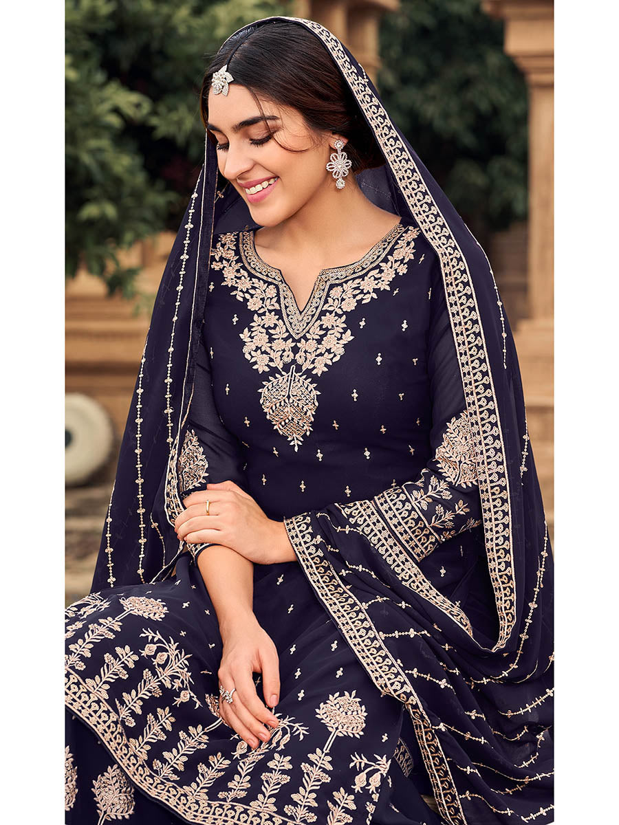 Myra Navy Blue heavy Georgette Koti Style Embroidered Sharara Suit | Swadesiicart
