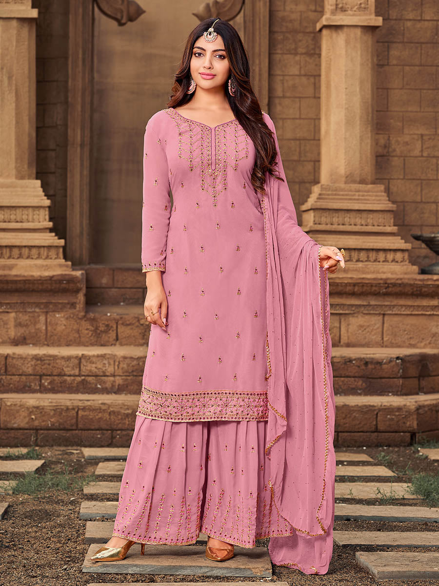 Myra Pink heavy Georgette Embroidered Sharara Suit | Swadesiicart