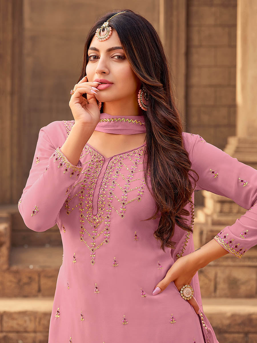 Myra Pink heavy Georgette Embroidered Sharara Suit | Swadesiicart
