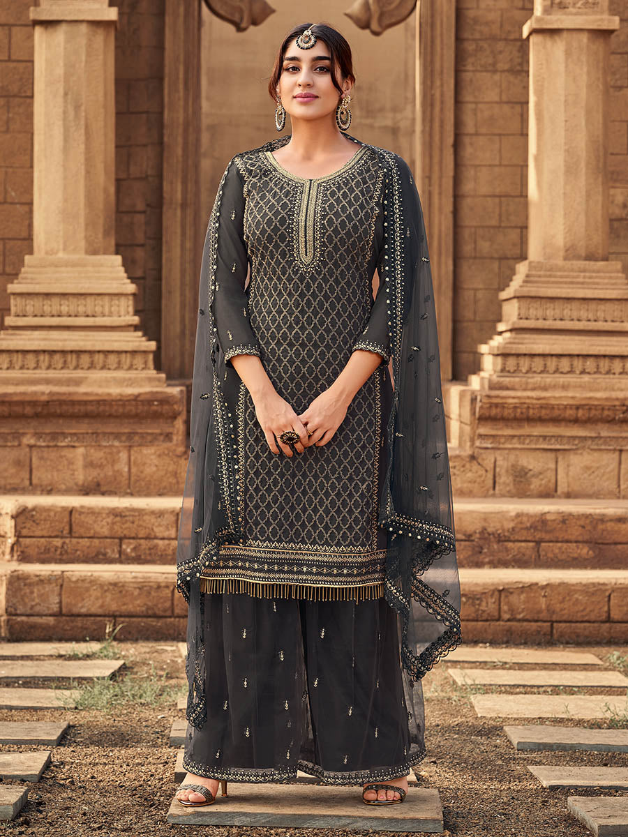 Myra Dusty Grey Heavy Georgette Embroidered Sharara Suit | Swadesiicart