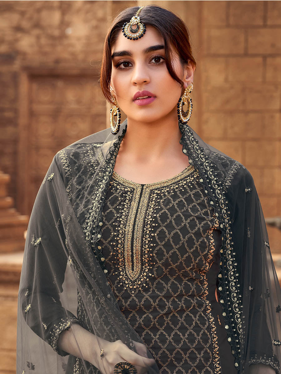 Myra Dusty Grey Heavy Georgette Embroidered Sharara Suit | Swadesiicart