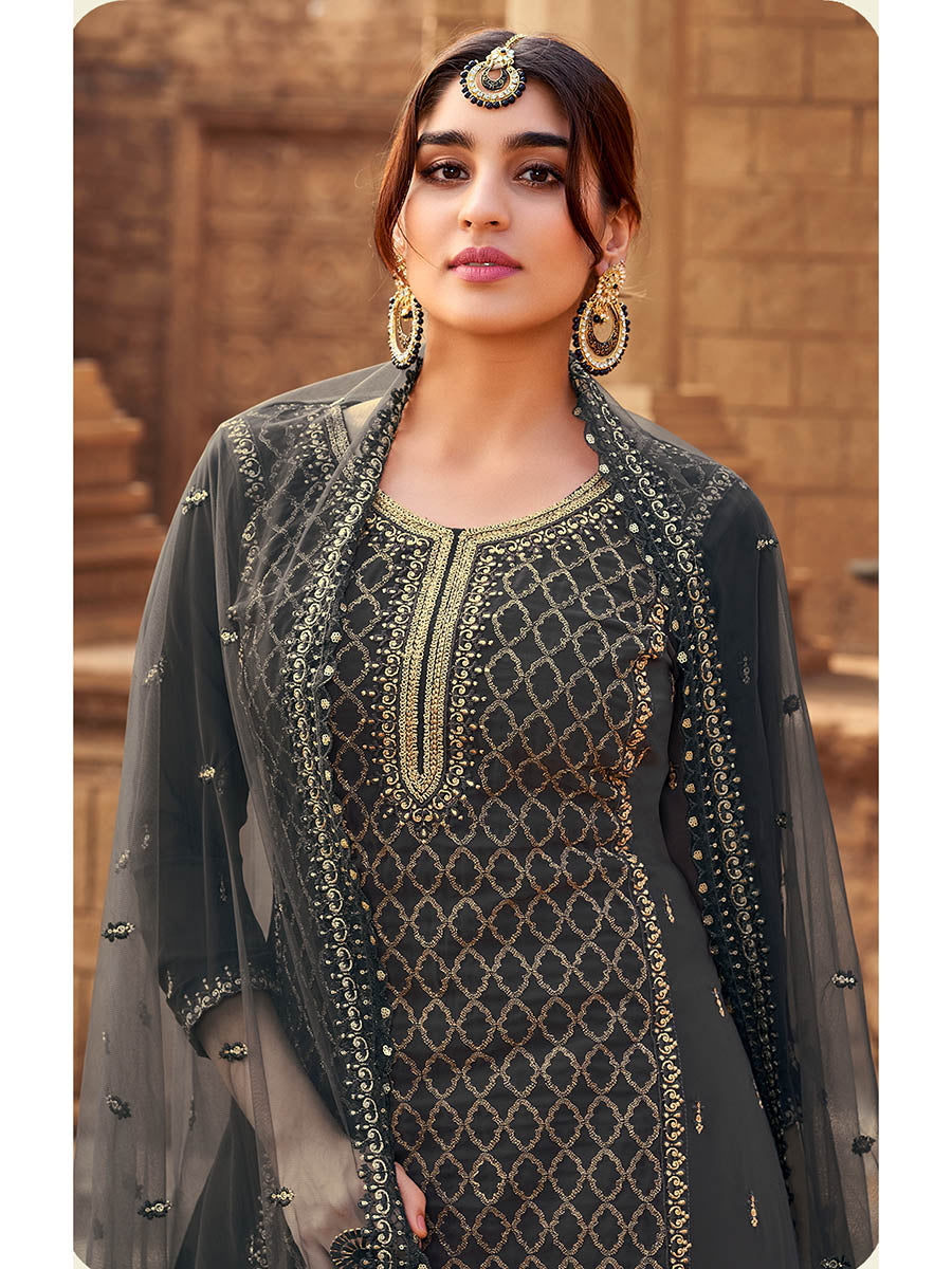 Myra Dusty Grey Heavy Georgette Embroidered Sharara Suit | Swadesiicart