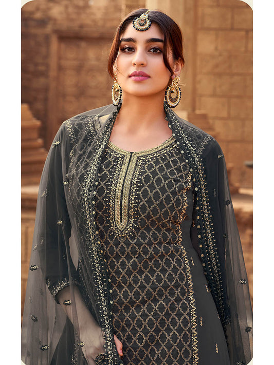 Myra Dusty Grey Heavy Georgette Embroidered Sharara Suit | Swadesiicart