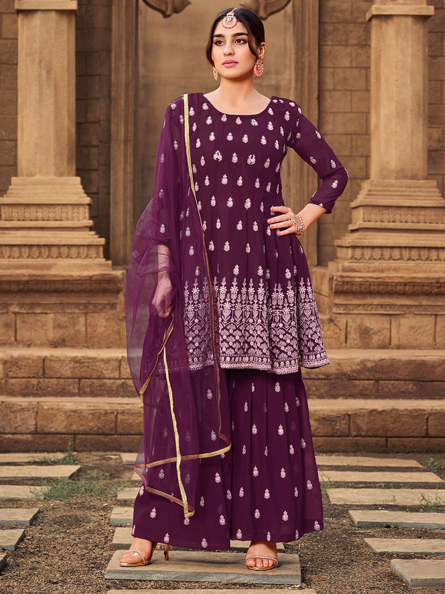 Myra Purple heavy Georgette Koti Style Embroidered Sharara Suit | Swadesiicart