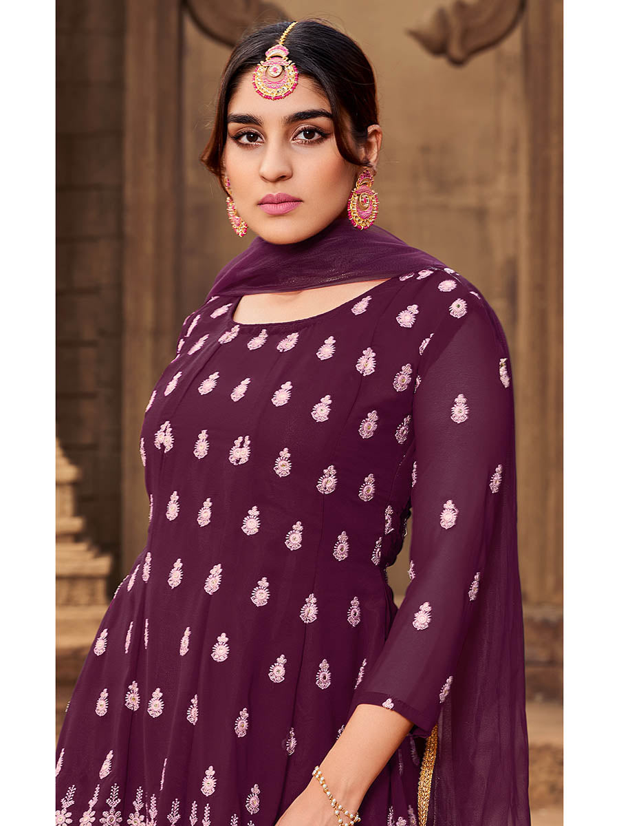 Myra Purple heavy Georgette Koti Style Embroidered Sharara Suit | Swadesiicart