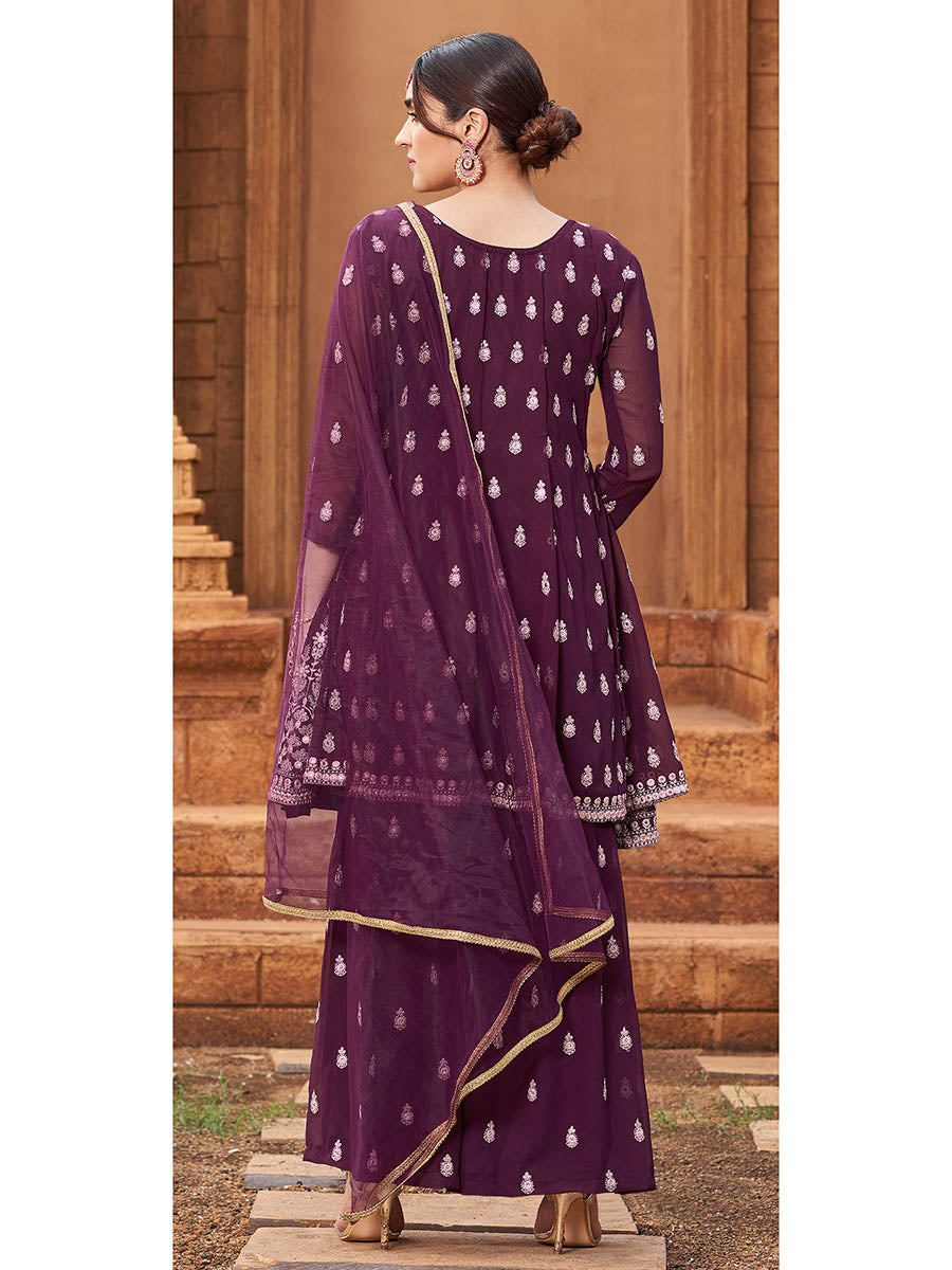 Myra Purple heavy Georgette Koti Style Embroidered Sharara Suit | Swadesiicart
