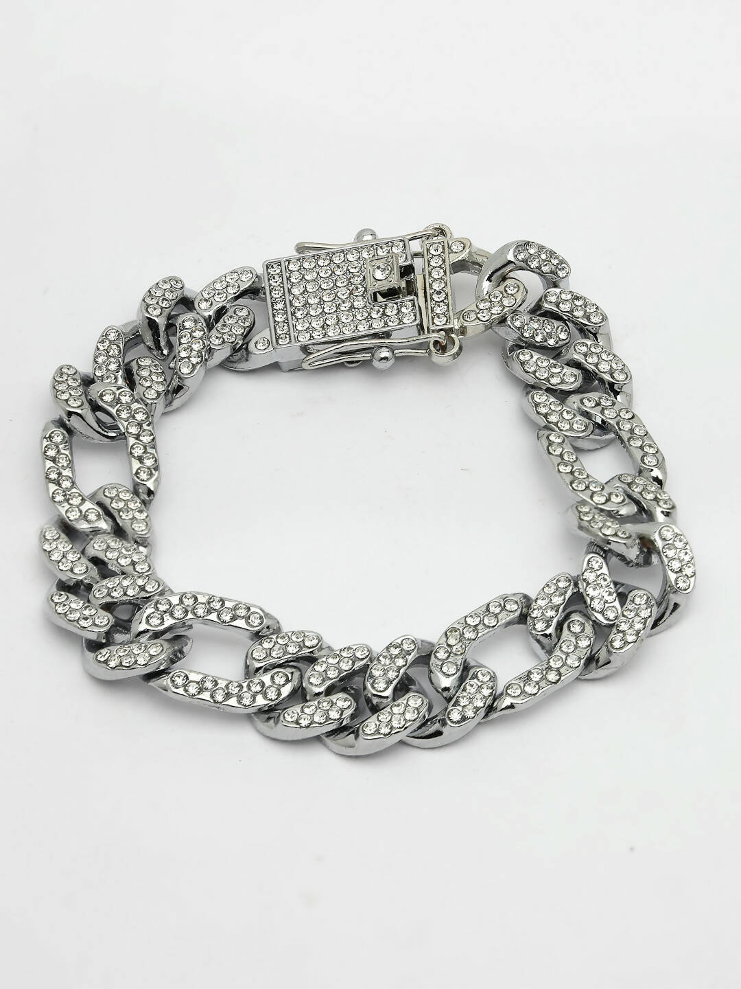 NVR Men Silver-Plated Stainless Steel American Diamond Studded Link Bracelet - Swadesiicart