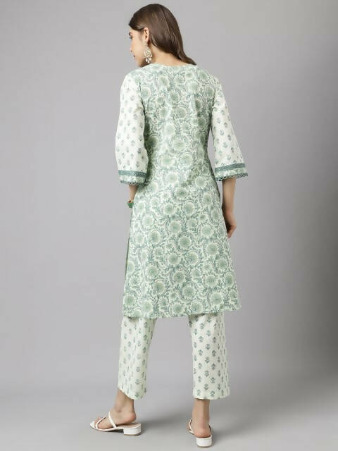 FIORRA Women's Sea Green Cotton A-Line Kurta Set - Swadesiicart
