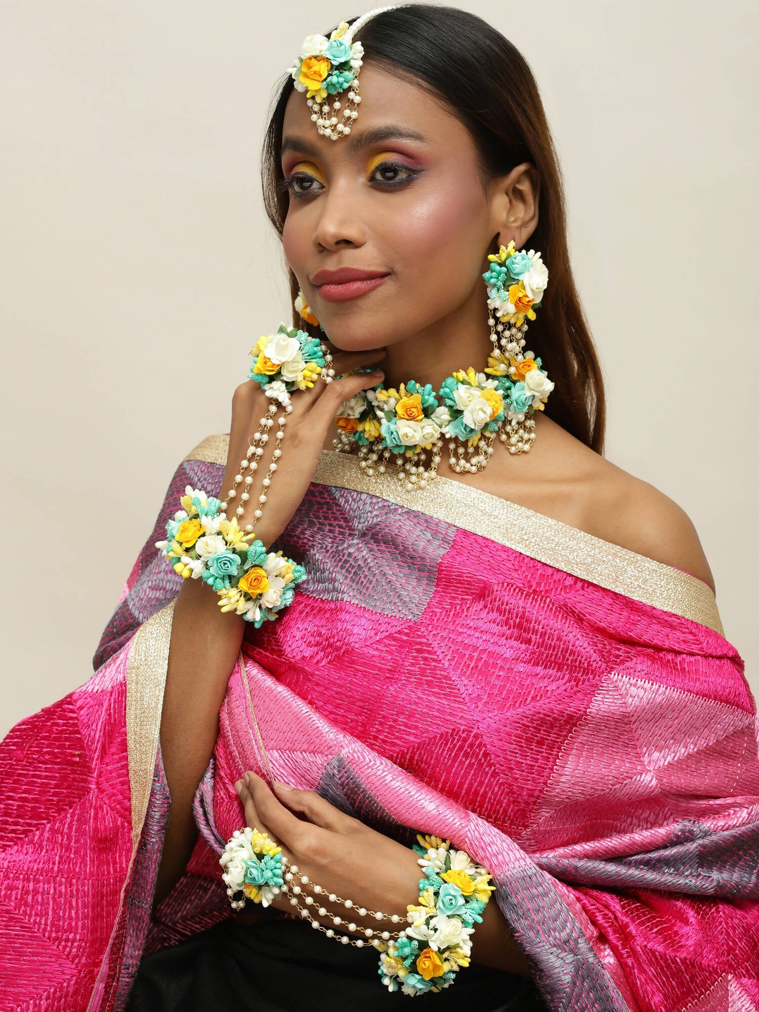Flower Jewellery Gold-Polished Turquoise Blue Floral Jewellery Set - Ruby Raang - Ruby Raang Studio