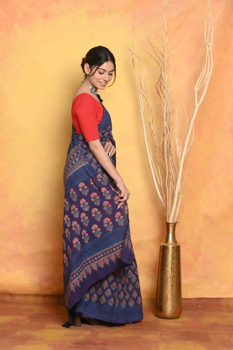 Very Much Indian Handblock Printed Cotton Saree With Natural Dyes - Blue | Swadesiicart