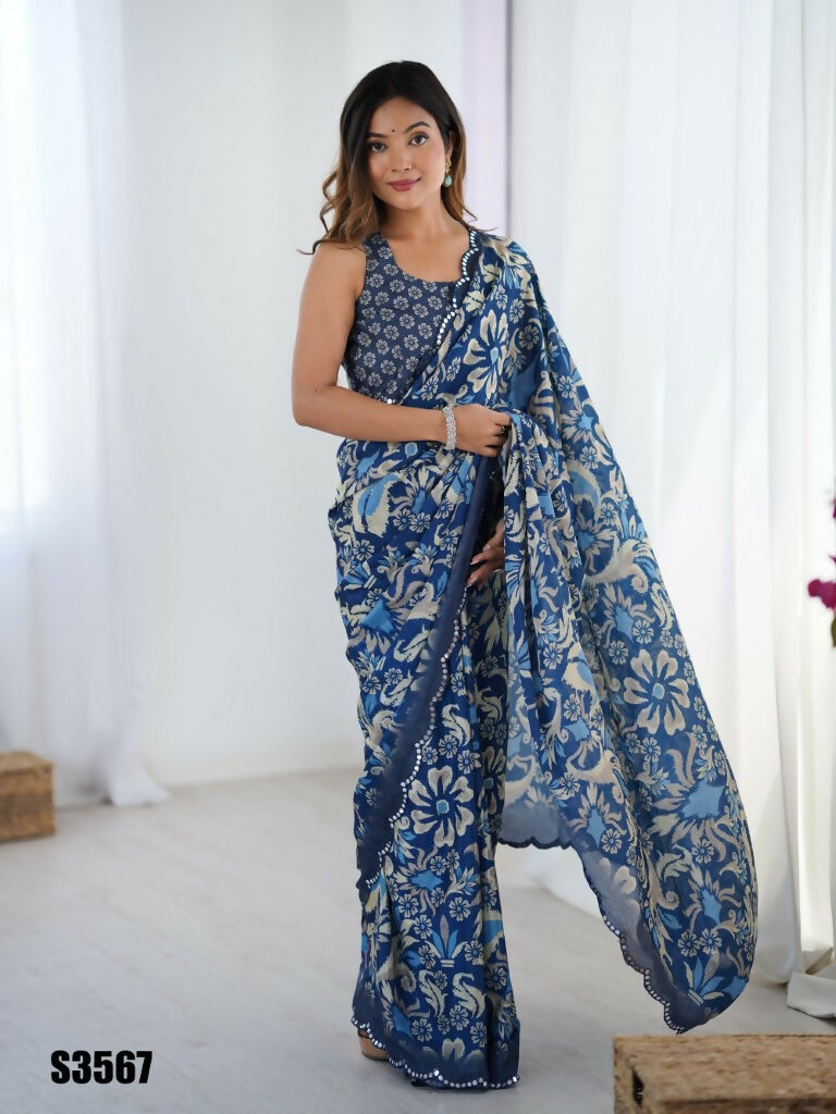 Blue Chinon Designer Digital Printed,Mirror Cut Work Saree - Manvika