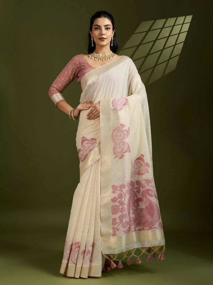 Vishnu Weaves Women's Maroon Muga Cotton Thread Woven Saree with Blouse - Swadesiicart