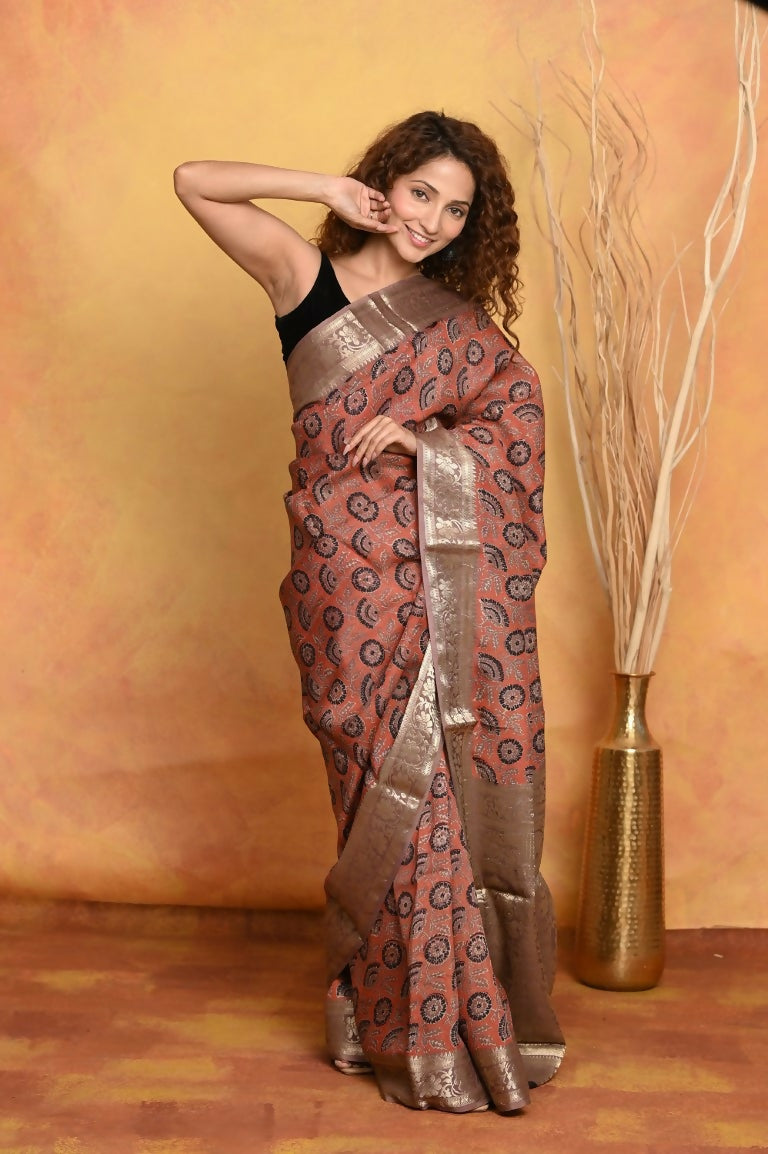 Very Much Indian Modal Silk Ajrakh Handblock Printed Natural Dyes With Designer Border Saree - Red | Swadesiicart