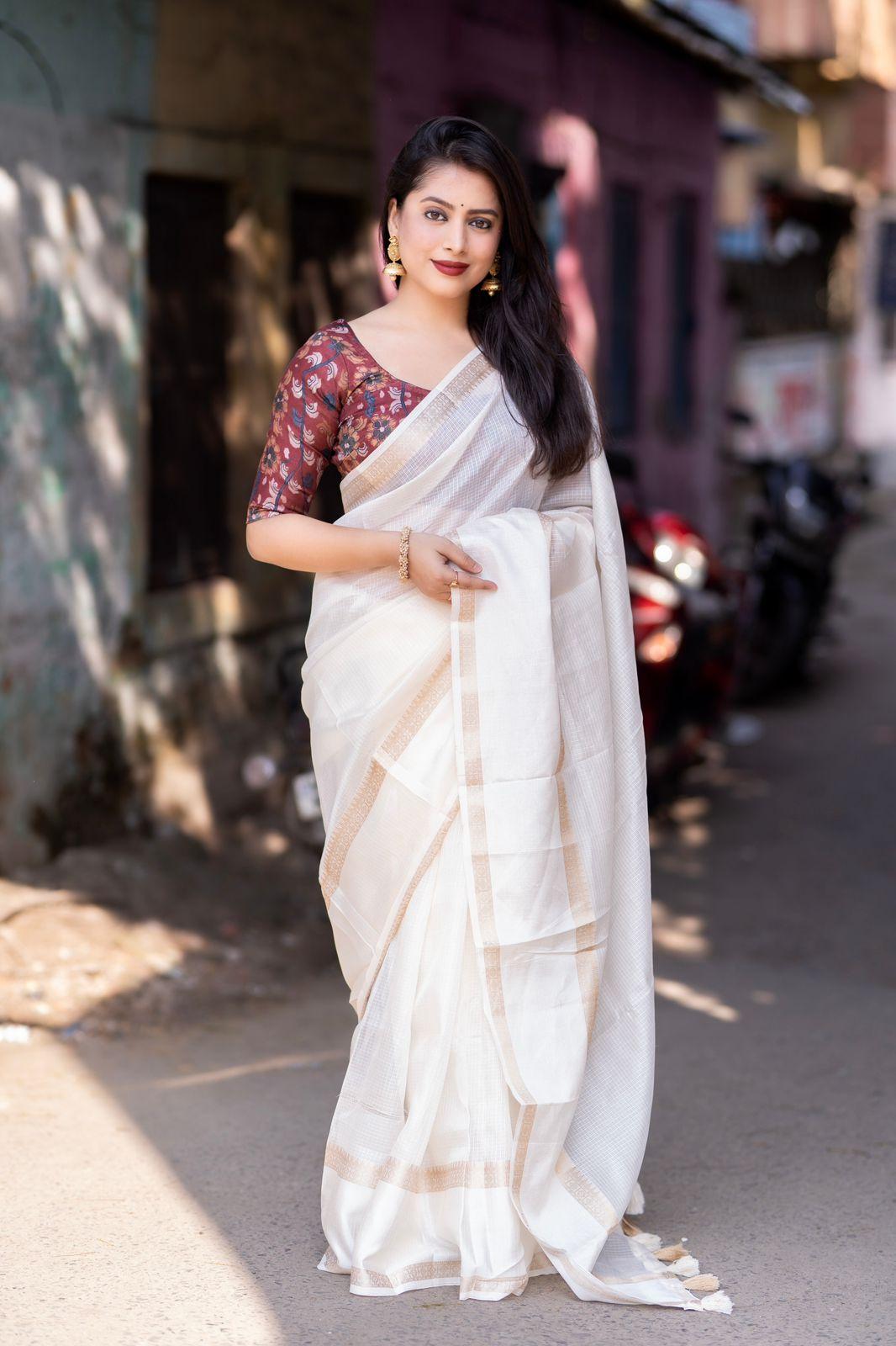White Silk Blend Kalamkari Saree with Unstitched Blouse - Hiral Fashion | Swadesiicart